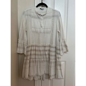 Harshman Los Angeles Linen Cream Striped Tiered Tunic Dress Bohemian‎ Casual